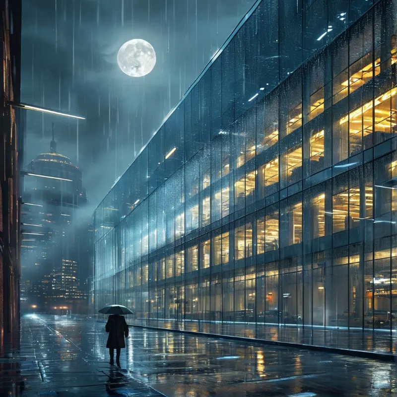 A person holding an umbrella walks down a wet street next to a glass office tower, warm window lights glowing under a full moon in dark rainy skies.