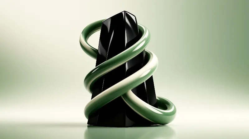 A glossy black geometric shape is wrapped by a twisted green and white ribbon against a soft green studio background.