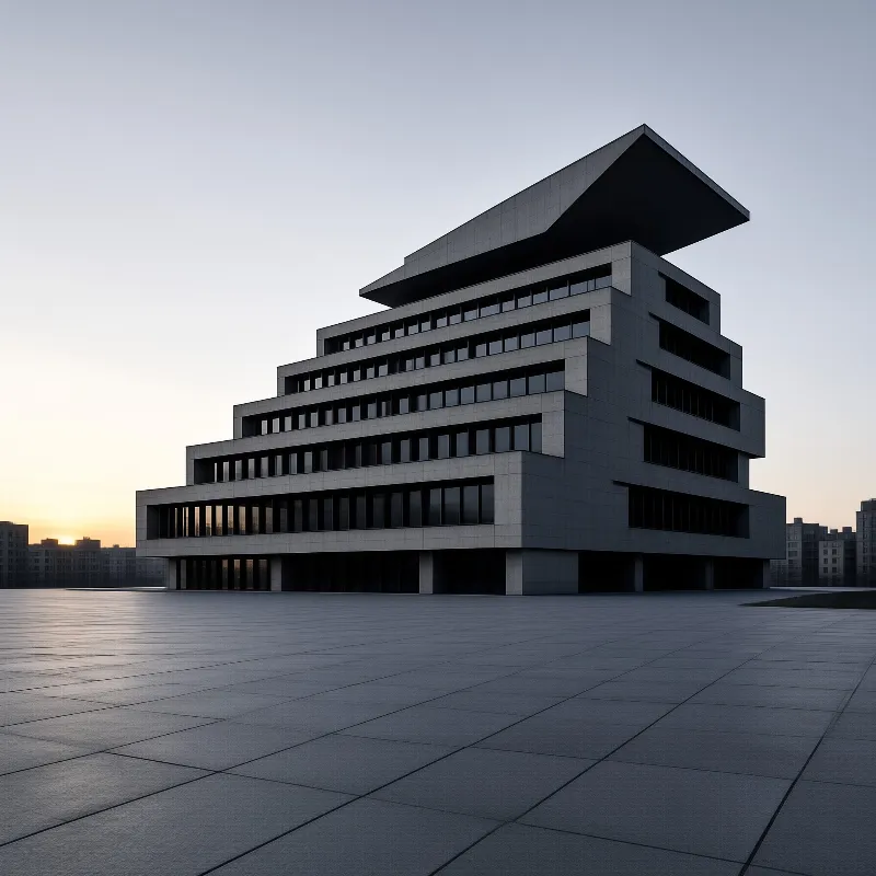 A massive grey structure features a stepped design and sharp roofline while standing on a large paved square during sunrise.