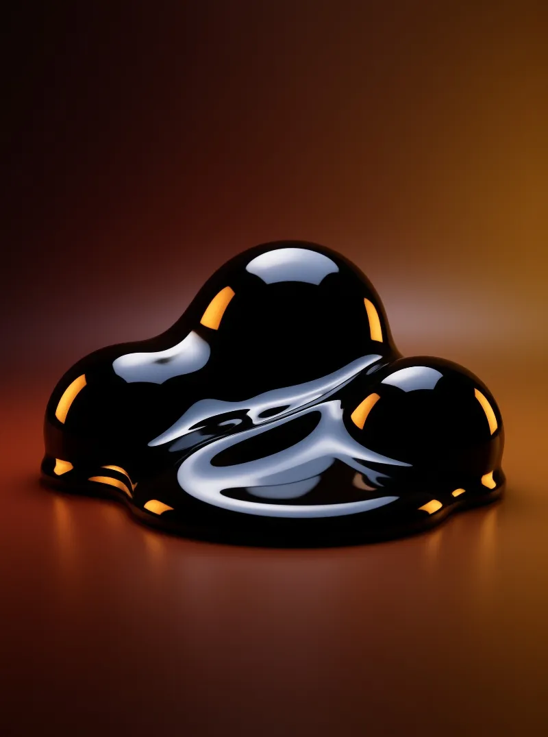 Glossy amorphous black form sits on a smooth brown surface with golden reflections catching the curves and highlights