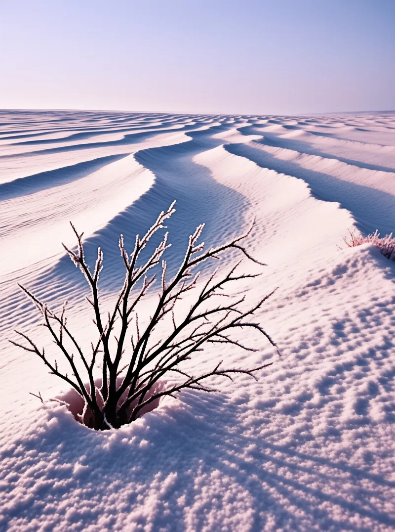 A leafless shrub dusted with ice stands on the crest of a snow dune whose ridges ripple away into pale morning light.