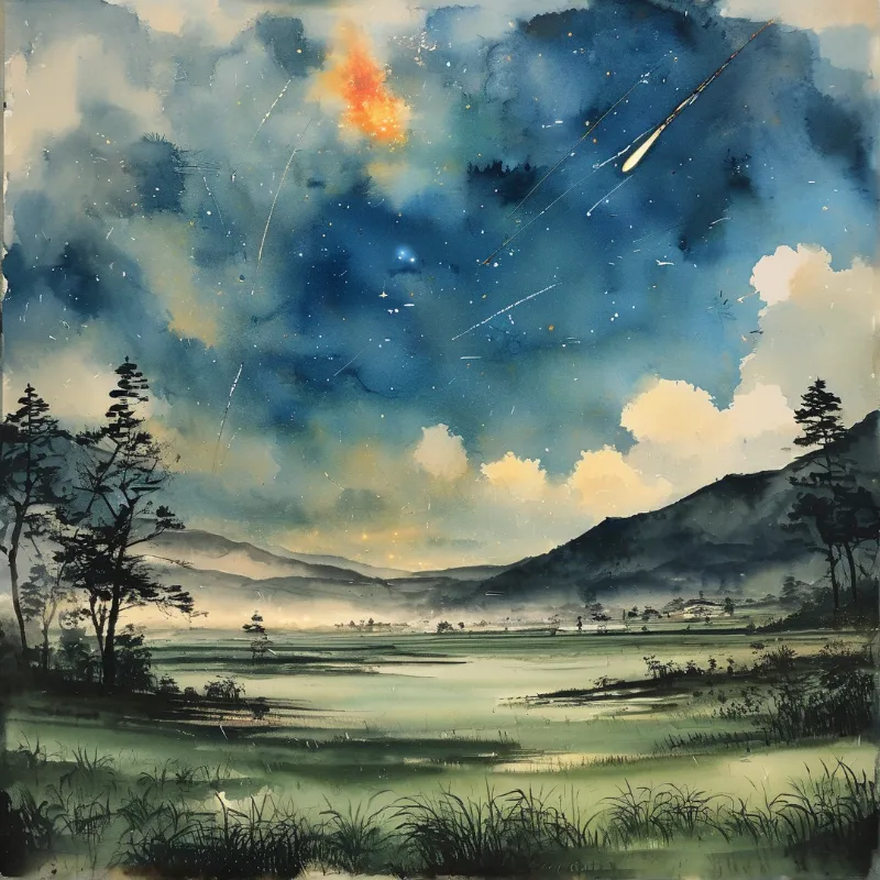 A watercolor painting of a night sky with meteors streaking above a misty green valley and silhouetted trees.