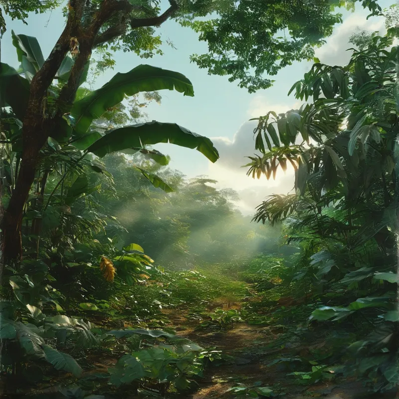 A winding dirt path winds through dense tropical vegetation while bright sunbeams pierce through the thick tree canopy and mist.