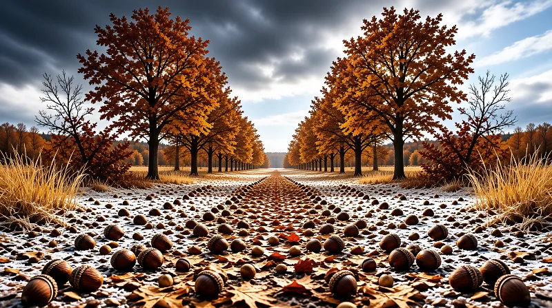 A long pathway blanketed in fallen nuts and leaves stretches between rows of orange foliage under a cloudy sky.