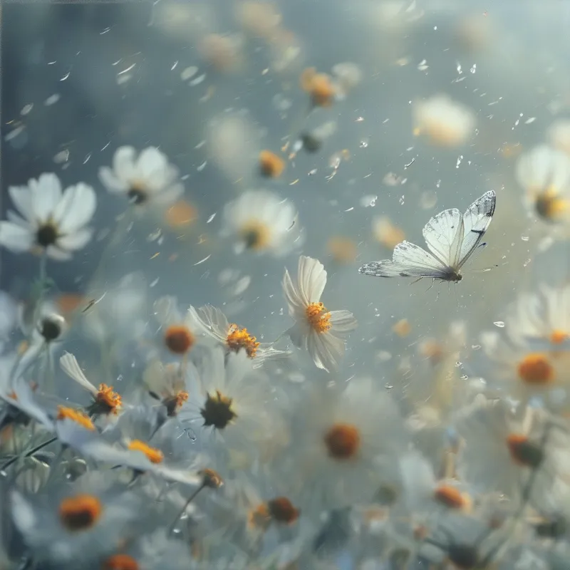 A pale butterfly drifts among white cosmos blooms while rain scatters light across the garden.