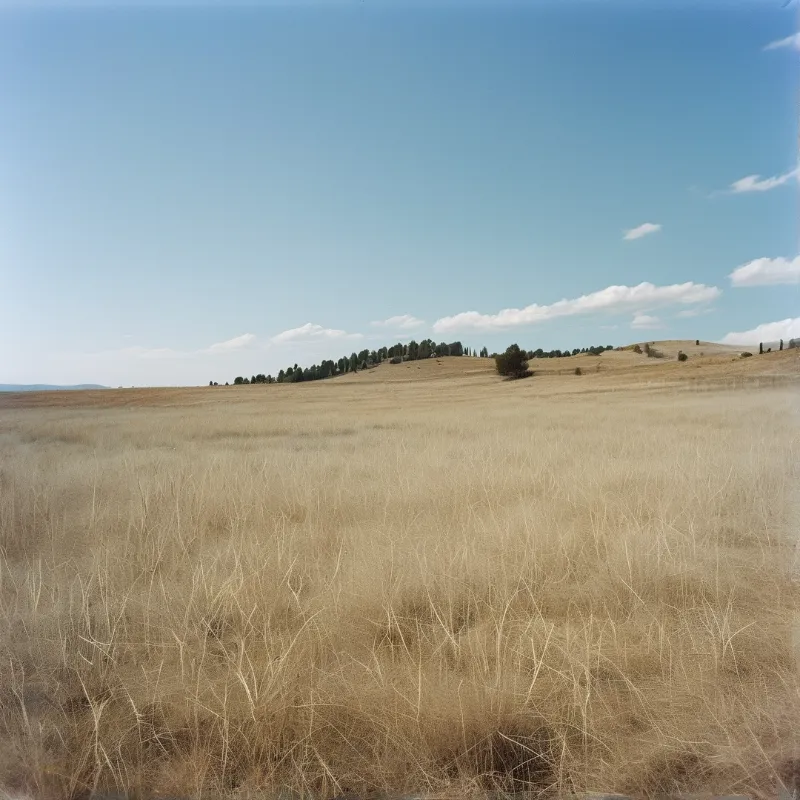 A wide expanse of dry golden grass stretches towards a hill dotted with trees beneath a bright blue sky.