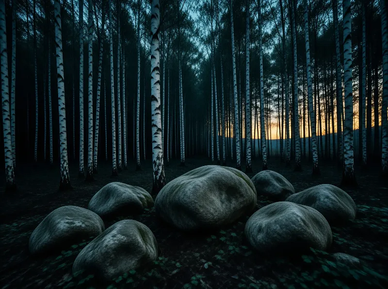 Smooth gray boulders rest on a dark forest floor among white barked birch trunks lit by an orange sunset.
