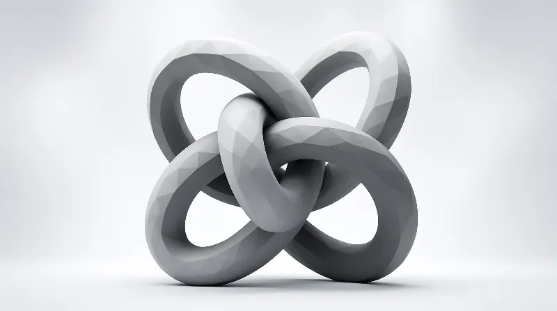 A low poly 3D torus knot object rests on a plain white surface, softly lit to highlight its faceted grey and white finish.