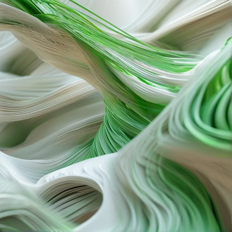 Flowing twisted ribbons in mint green and cream tones sweep across a soft abstract composition.