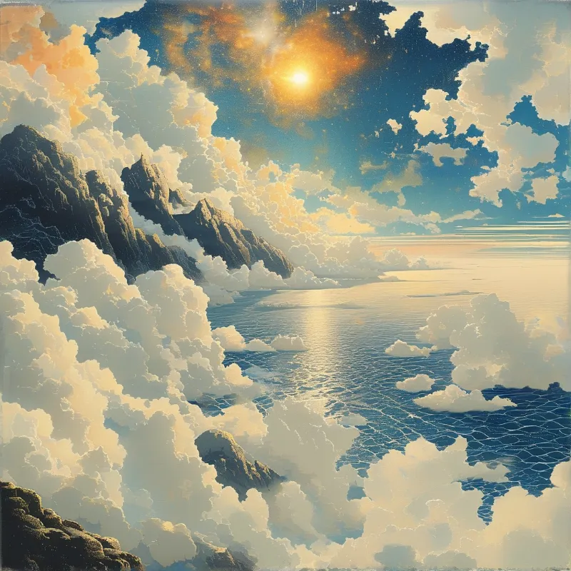 A painterly landscape with dark rocky mountains surrounded by thick white clouds and a calm blue ocean under a bright sun.