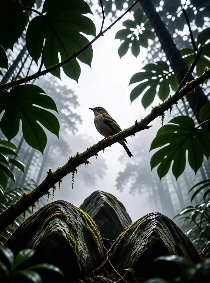 A small brown bird sits on a mossy branch surrounded by large tropical leaves and distant foggy trees under soft grey light.