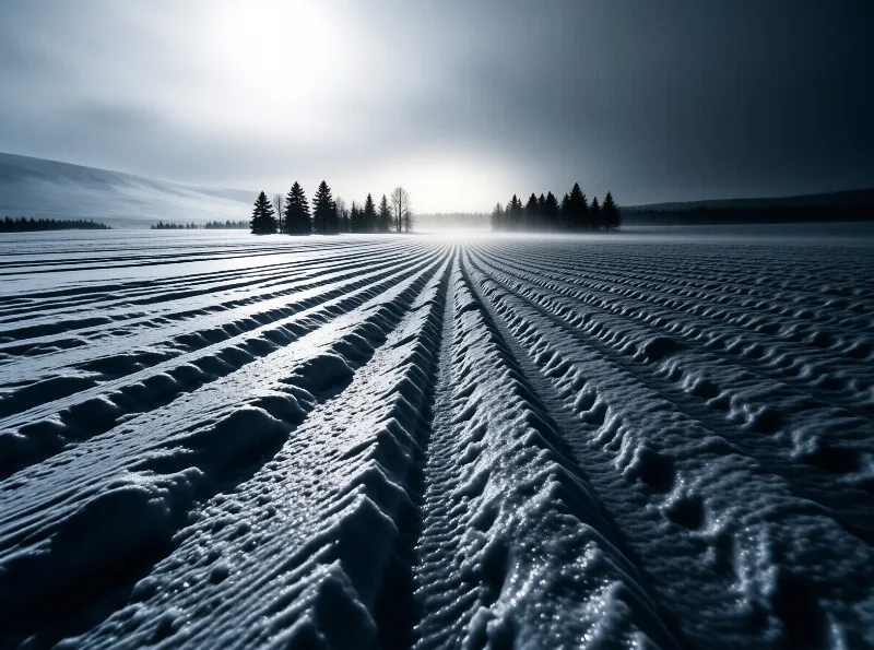 Parallel ridges of packed snow stretch across an icy plain pointing at a bright horizon where trees stand silhouetted.