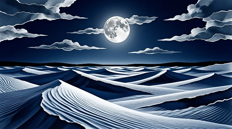 Pale blue rippled sand dunes stretch below a bright full moon that hangs in a dark cloud scattered night sky.
