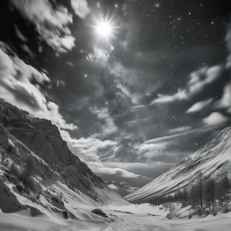 Black and white view of a snowy mountain pass beneath a bright moon and drifting clouds thick with stars.