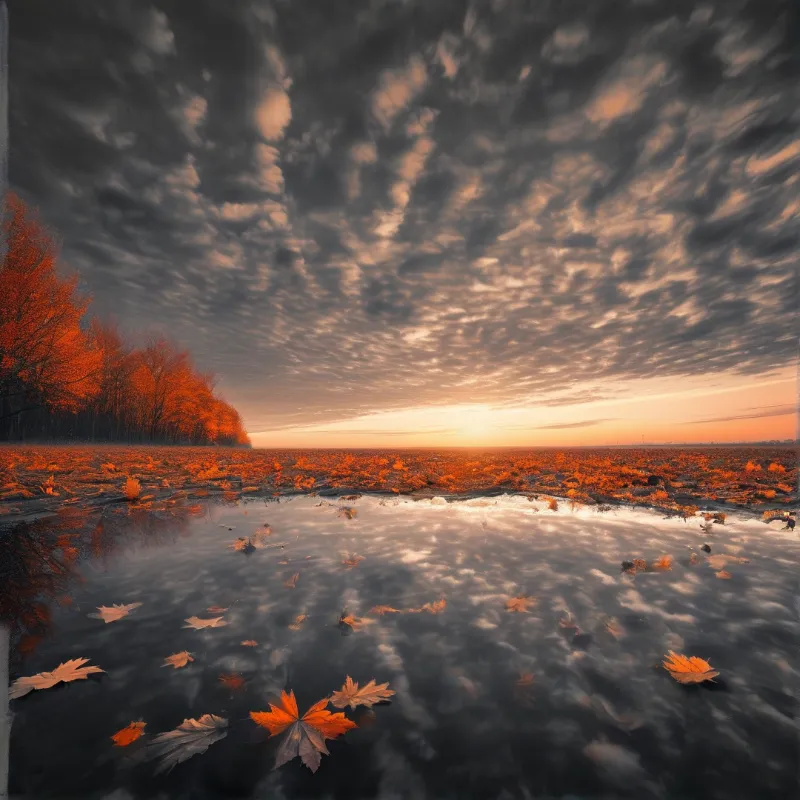 Orange trees line a field beside a pond filled with fallen leaves reflecting a dramatic cloudy sunset sky.