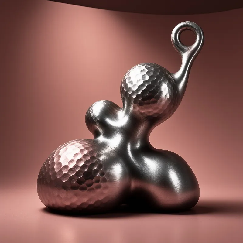 A reflective silver sculpture with a loop and dimpled texture rests on a smooth pink background surface under soft lighting.