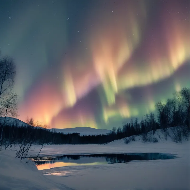 Shimmering green and pink lights arc across the night sky above a snow-covered lake and dark tree-lined hills.