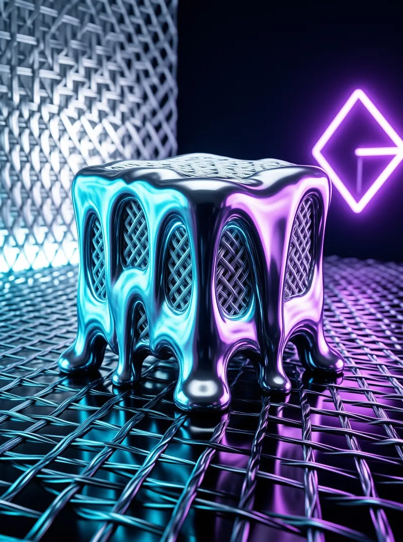 A glossy metallic cube with rippling edges glows in cyan and purple light on a woven metal grid.