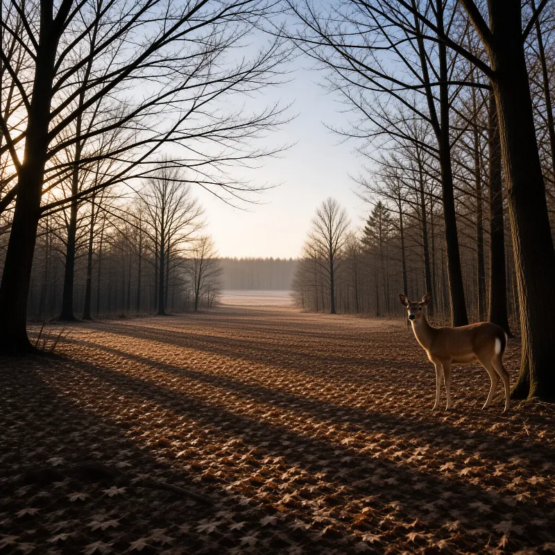 A young deer pauses on a carpet of brown maple leaves as winter sun skims a bare tree avenue