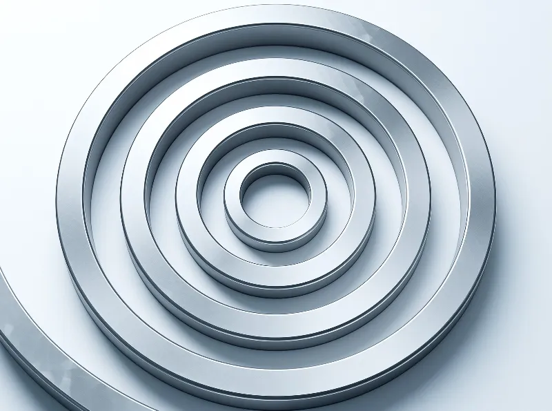Concentric metallic circles create a spiral pattern with subtle shadows and highlights across a smooth grey background.