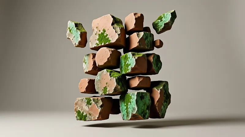 Broken clay fragments hover in a loose column, cracked faces patched with vivid green lichen against a grey studio wall