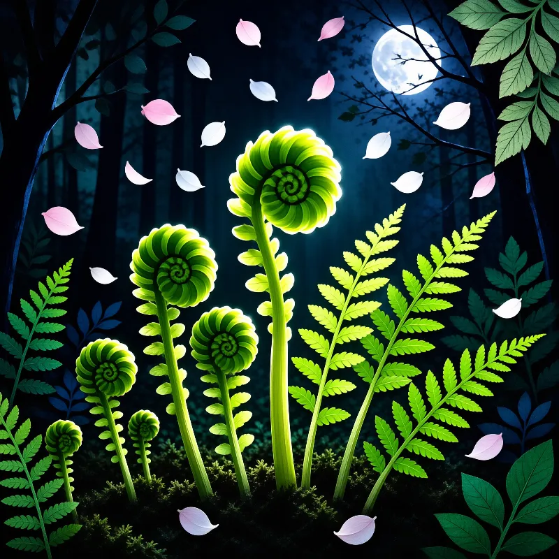 Neon green fern fiddleheads shine brightly while pale petals drift through the shadowy woods under a moon.