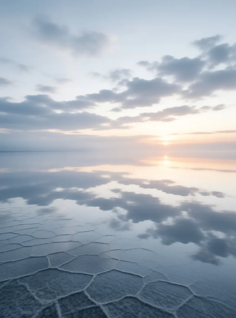 A hexagonal salt flat surface mirrors the cloudy sky and a bright sun near the horizon.