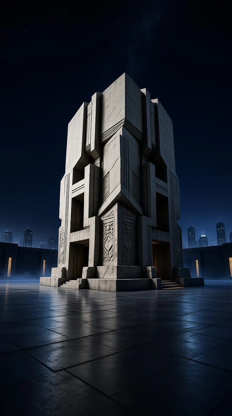 A tall carved stone monument stands on a reflective plaza at night, its facade lit against a distant city skyline.