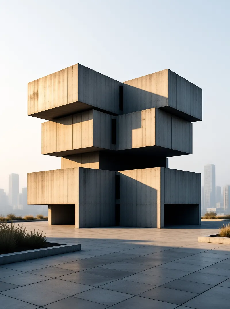 Warm sunlight hits a stacked concrete building with sharp edges on a tiled plaza with a city skyline behind.