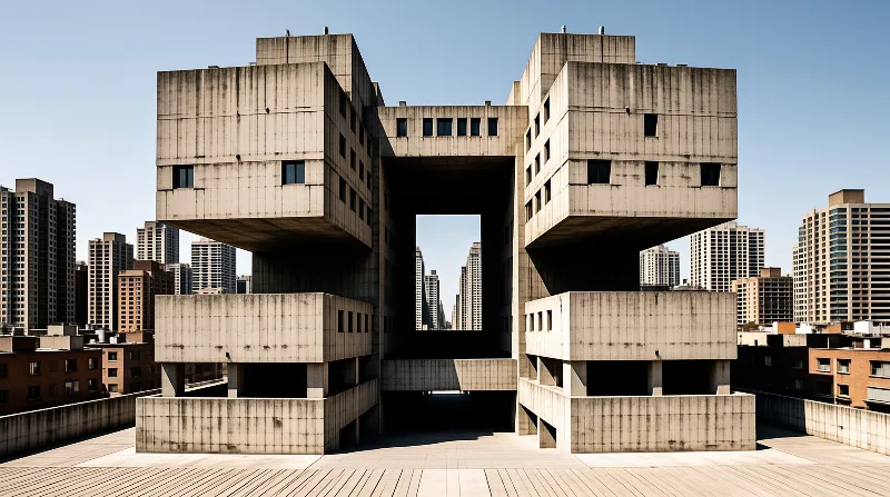 Symmetric brutalist concrete blocks with central rectangular opening frame distant residential towers under clear blue sky.
