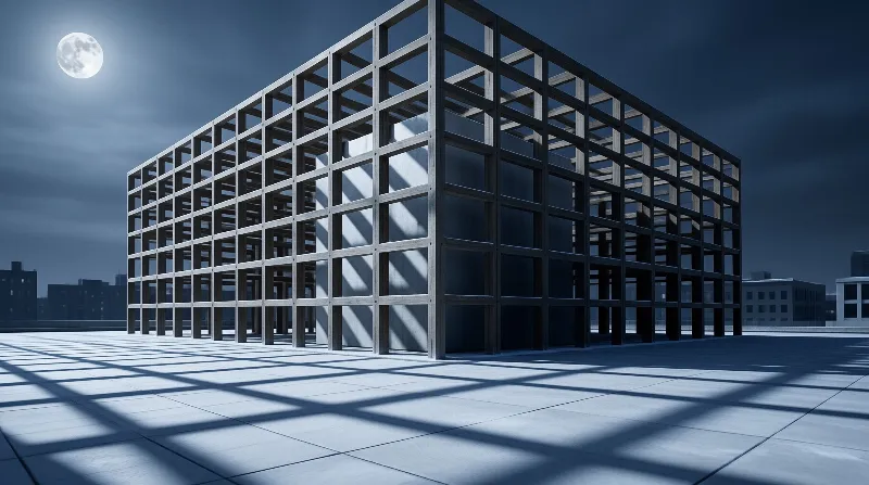 A timber grid structure stands on a paved plaza at night, casting sharp shadows while a full moon illuminates the scene.