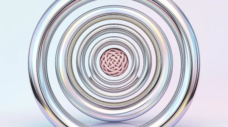 Shiny iridescent concentric rings frame a tightly woven pale pink core set against a pale gradient background.