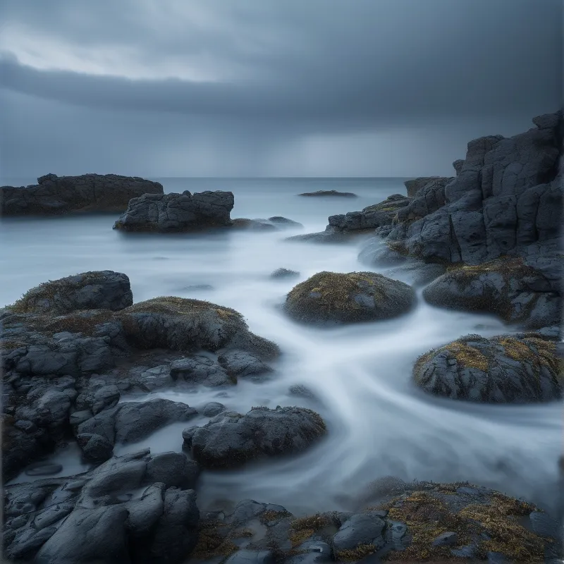 A long exposure smooths seawater into silk as it threads between dark moss-covered boulders under a stormy grey sky.