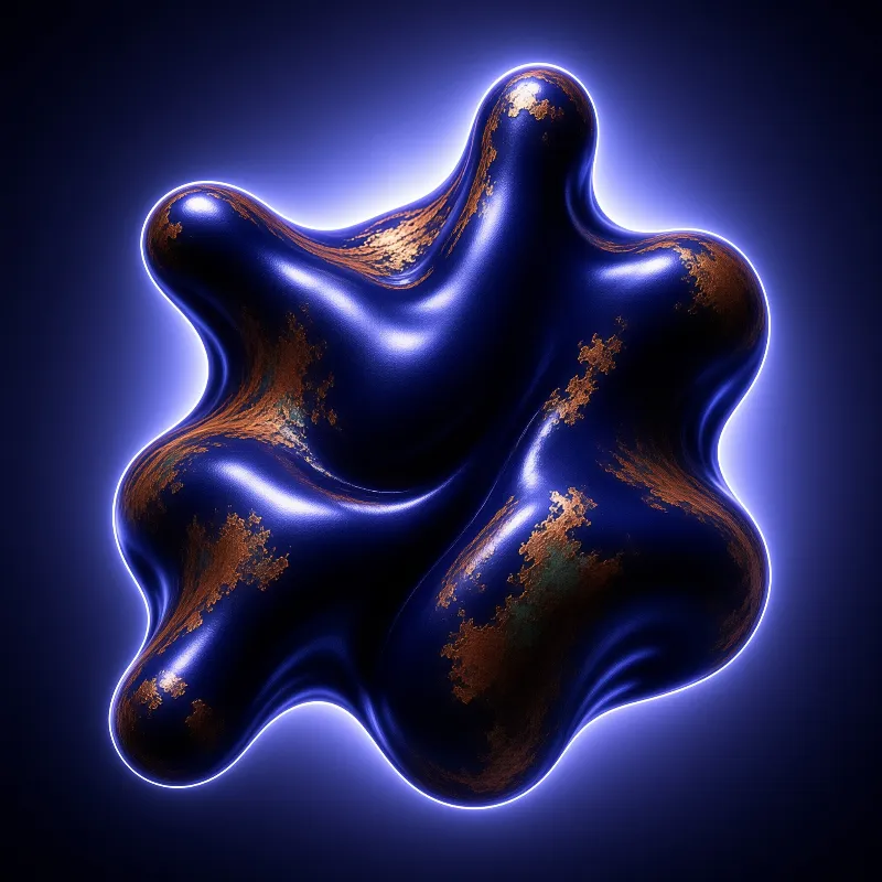 A rounded indigo form with a glowing rim and rusted copper patches floats against a deep blue gradient.