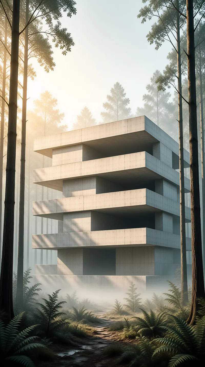 A massive multi-level concrete structure sits centrally among tall trees with sunlight filtering through the fog.