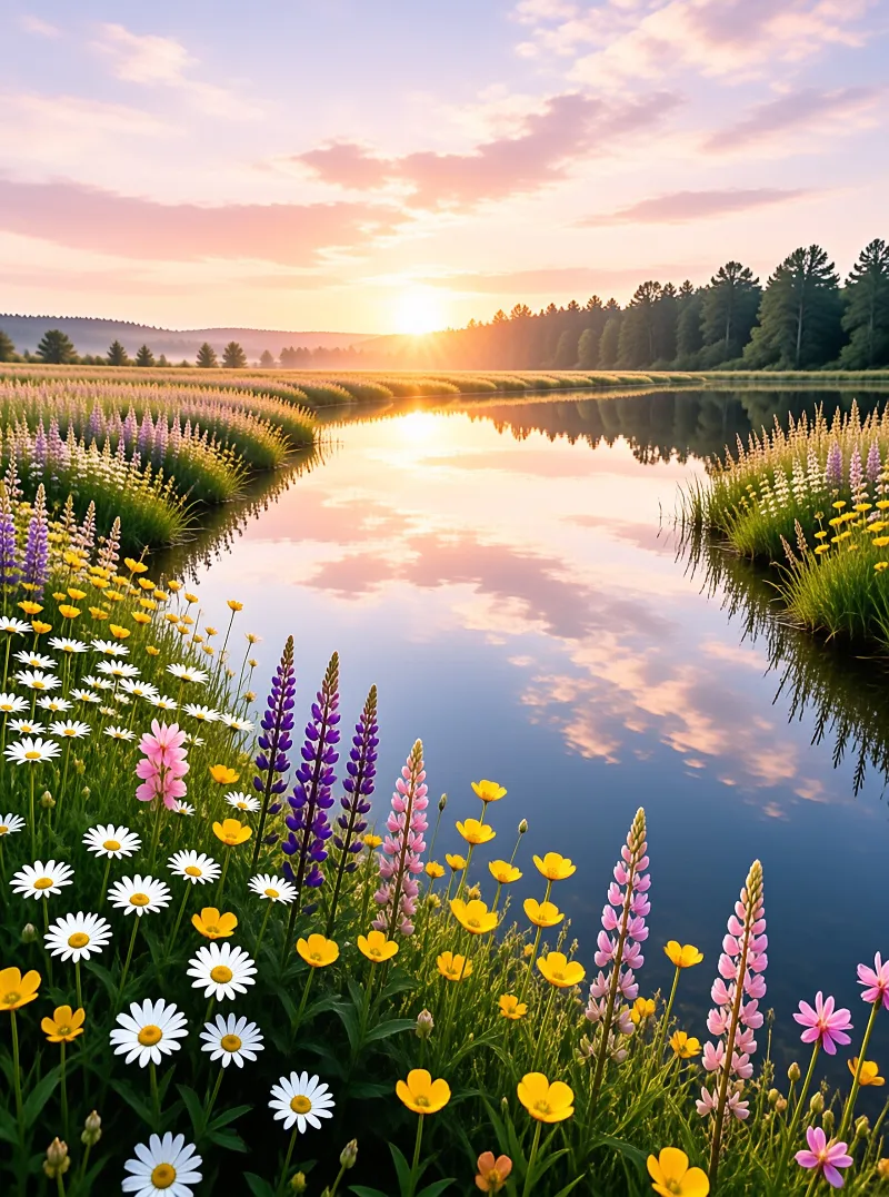 Purple lupines and white daisies grow beside a calm stream reflecting the golden sunrise and tree line.