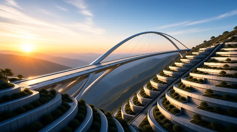 A sleek white arch bridge connects to green terraced architecture on a mountainside during a warm sunset.
