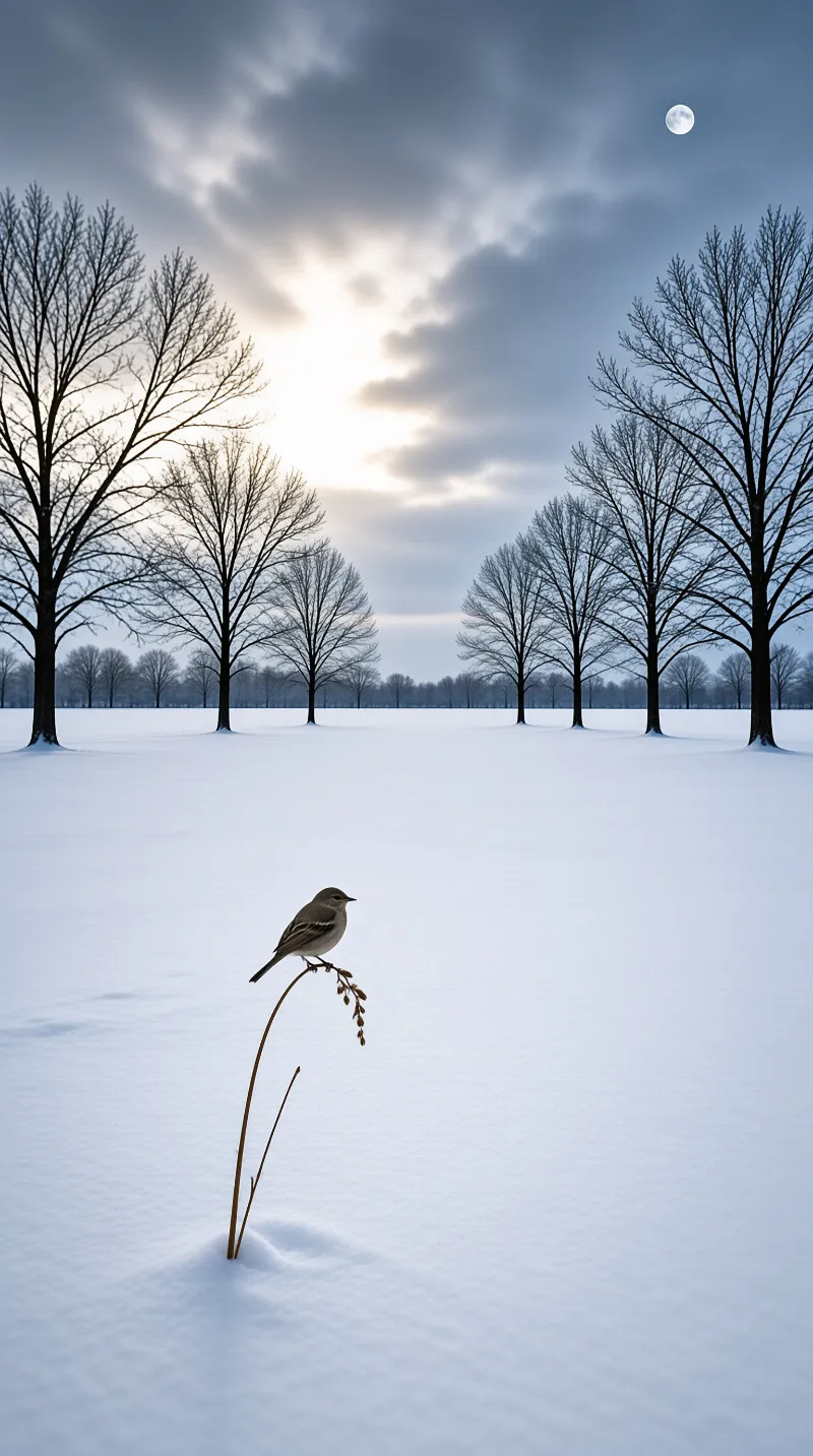 A small bird clings to a dried plant stem in an open snowfield under sunlit storm clouds with a pale moon