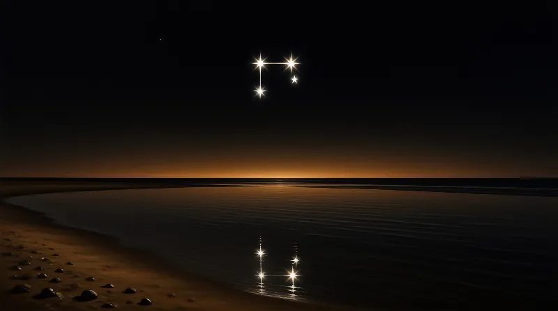 Bright stars form a distinct pattern in the night sky, reflecting on the calm water near an orange horizon line.
