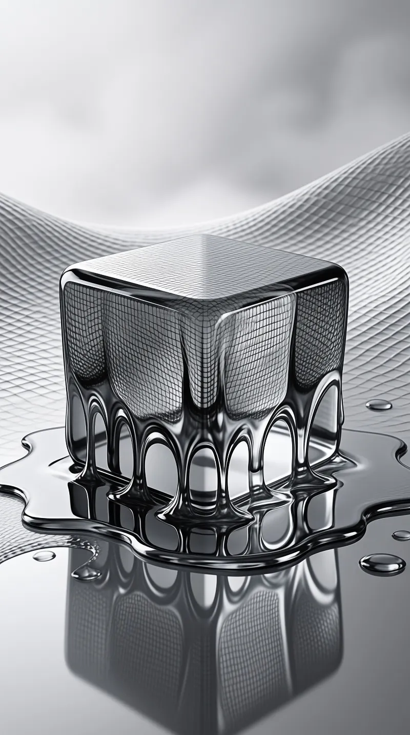 A mirror polished cube drips molten silver into a rippling pool on a reflective metallic surface.