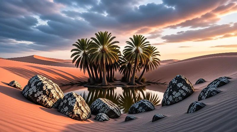 A cluster of palms mirrors in a still pool ringed by wind-rippled dunes and lichen-flecked boulders at sunset.