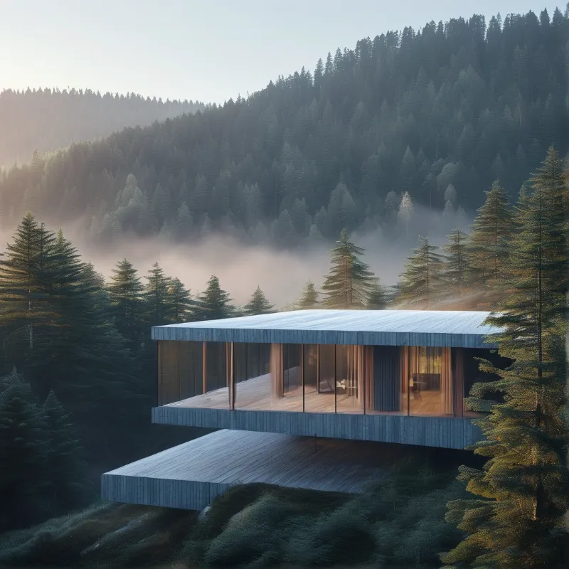 A minimalist wooden house with large glass windows sits on a hillside overlooking a misty evergreen forest at dawn.