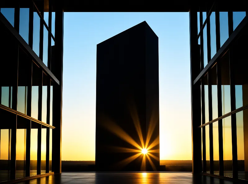 A dark building block stands against the sky viewed through a glass-walled atrium during golden hour.