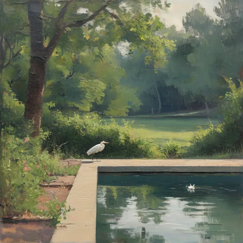 A white heron stands on a concrete ledge beside a calm pond reflecting green trees and bushes in an oil painting.