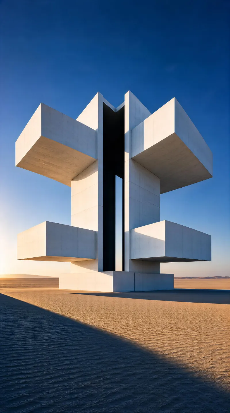 A towering concrete structure with geometric shapes stands in a vast desert at sunrise, casting long shadows on the sandy ground beneath a clear blue sky.