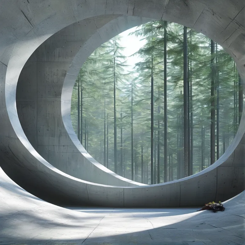 A large circular concrete opening reveals a foggy forest of slender trees bathed in soft daylight.