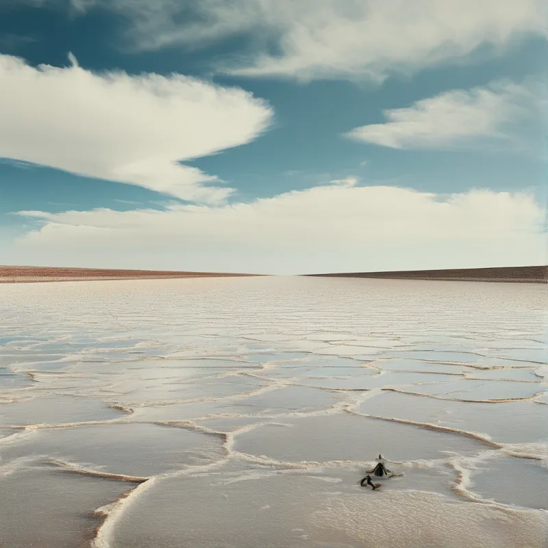 A tiny figure rests in the thin water on the vast cracked salt flat under a pale blue sky dotted with puffy white clouds.