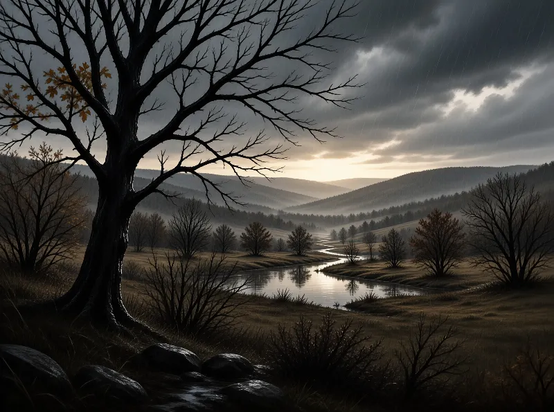 A massive bare tree overlooks a winding river cutting through a misty valley with rolling hills under grey skies.