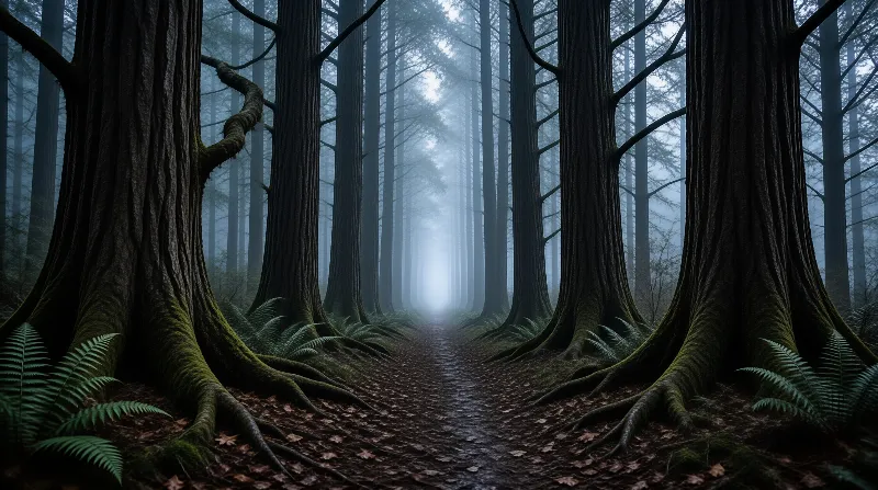 A winding dirt trail cuts through towering moss-covered conifers as soft blue fog obscures the distant treeline.