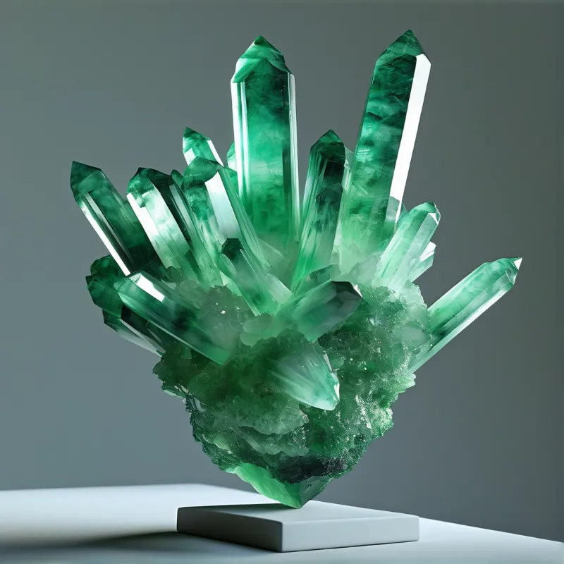 A large cluster of translucent green crystals rests on a white geometric base against a grey studio backdrop.